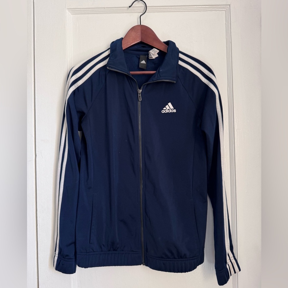 Adidas Classic Navy Track Zip-up Jacket with White Stripes. Small